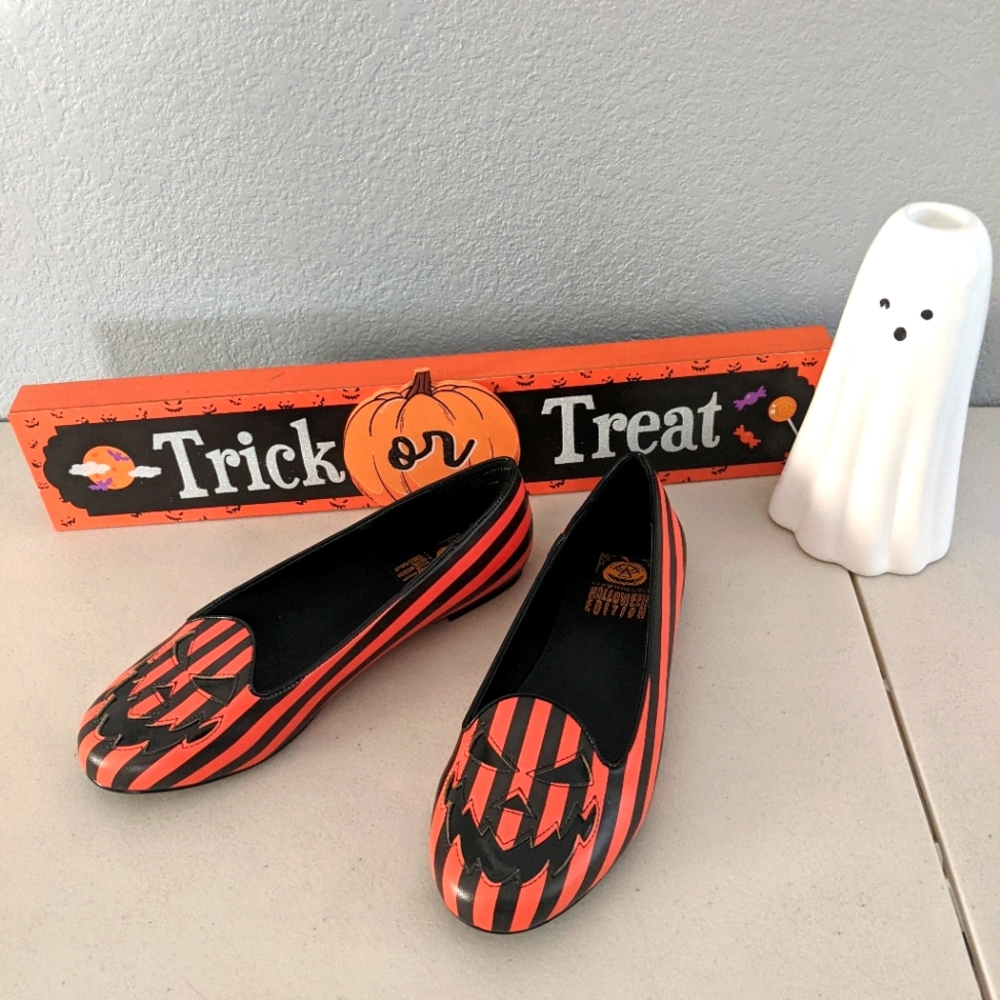 Halloween Edition Mary Jane's Flat Shoes Pumpkin Scary Jack O Lantern Costume